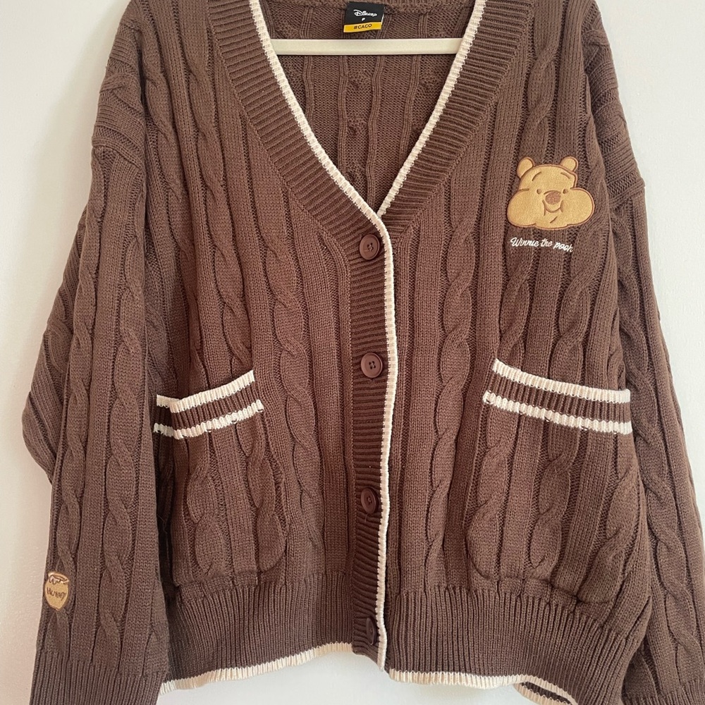Disney Brown Cable Knit Cardigan with Bear Embroidery